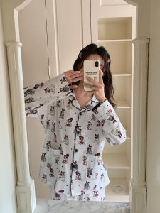 ชุดนอนผู้หญิงแขนยาวผ้าฝ้ายแท้ลายการ์ตูนสุดน่ารัก ชุดสองชิ้น ฤดูใบไม้ผลิและฤดูใบไม้ร่วง ชุดนอนผู้หญิง