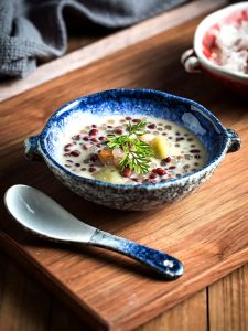 Premium Ceramic Yogurt Bowl with Spoon Double Ear Breakfast Oats Bowl High Aesthetic Value Internet Famous Dessert Bowl