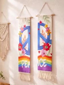 Peace Sign Rainbow Floral Wall Tapestry Boho Hippie Wall Hanging Tassel Decor for Living Room Bedroom Home Art Decoration Gift