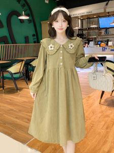 ชุดเดรสยาวคอตุ๊กตาผ้าคอร์ดูรอยแขนยาวสไตล์เกาหลีสำหรับคุณแม่ตั้งครรภ์ ชุดเดรสฤดูใบไม้ร่วงลำลอง