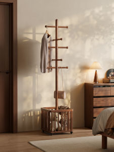 Modern Minimalist Solid Wood Clothes Hat Rack Bedroom Living Room Standing Storage Shelf Dirty Laundry Basket Mobile Holder