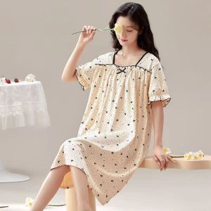 ชุดนอนฤดูร้อนพิมพ์ลายน่ารักสําหรับผู้หญิงแขนสั้นชุดนอนผ้าฝ้ายน่ารักพร้อมชุดยาวปกเล็กสําหรับบ้านและแจ๊กเก็ต