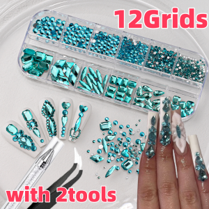 12Grids 3D Lake Blue Nail Art Rhinestones with2Tools Mixed-Shape Crystal Diamond Gem Nail Charms for Summer Ocean Manicure Decor