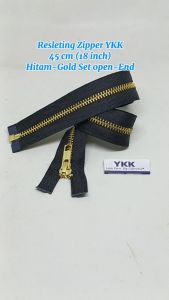 Resleting Zipper YKK 45 cm Atau 18 inch Hitam Gold Emas Type Gigi Besi Set Open-End Buka-Lepas Harga Per Biji
