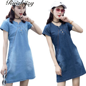 Ruizhijzg Đầm Denim Dài S-5XL Đầm Thời Trang Nữ Tay Ngắn Có Túi Thường Ngày Xuân Hè Mới Ngoại Cỡ