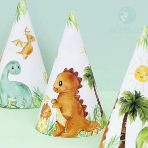 GeeParty 6pcs Cartoon Dinosaur Birthday Hat T-rex Paper Cap for Kids Boy Birthday Party Decorations