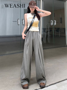 High Waist Wide Leg Pants Womens Ice Silk Mountain Brand Cotton Linen Feel Straight Casual Trousers Summer 2023 Fashion