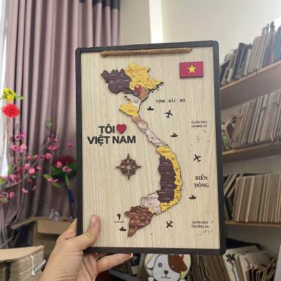 Tranh gỗ in nổi 3D bản đồ nước Việt Nam 20x28cm có dây treo tặng kèm đinh 3 chân