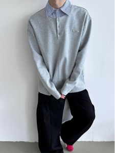 American Retro Loose False Two Pieces Patchwork Stripes T-shirt Mens Autumn All-Matching Turn-down Collar Long Sleeve Polo Shirt Tops Tide