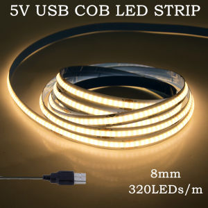 DC 5V USB COB LED Strip Lamp 320LED/m High Density Flexible Tape Light 8MM 3000K/4500K/6500K for Home Bedroom Decor TV Backlight