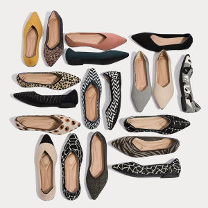 รองเท้าส้นแบนทรงไข่ลายเสือดาวถักแบบถักด้วยผ้าฝ้ายสำหรับผู้หญิง รองเท้าแฟชั่นแบบสวมสบาย ส้นสูงปานกลาง ทรงหัวแหลม รองเท้าส้นแบนแบบสวมสบาย