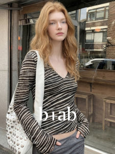 Zebra Stripe V-Neck Long Sleeve T-Shirt Slimming Layering Top