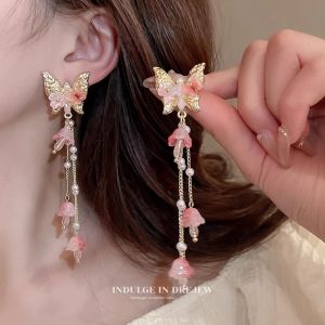 Pink Tassel Bellflower Earrings New 2025 Chinese Ancient Style Hanfu Cheongsam Butterfly Ear Decorations Fashion Jewelry