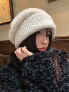 White Knitted Hat Womens Winter Warm Ear Protection Lazy Style Big Head Circumference Pile Hat Casual round Top Youth Fashion