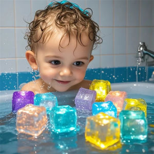 6/12PCS Kids Bath Toy Simulation Ice Cube Liquid Water Sensor Reusable Glowing Flashing Ice Cube for Bathtub Swimming Pool