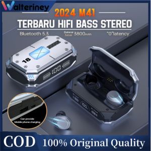 Walteriney TWS Bluetooth 5.3 Newest Version M41 Headset Bluetooth Full Bass Stereo 4500mah Power Bank Wireless Earphone Tahan Air TWS with Mic Headphones Handset Earbud