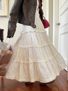 กระโปรงทรงเอเอวสูงปักลูกไม้สไตล์เกาหลี กระโปรงยาวปานกลางผ้าฝ้าย กระโปรงทรงเค้กสำหรับใส่ไปทำงานในฤดูใบไม้ผลิและฤดูใบไม้ร่วง