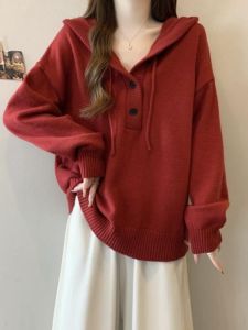 plus Size Lazy Style Red Knitted Hoodie Womens Autumn Winter Slimming Innerwear Outerwear Top Chinese Zodiac Year Knitwear