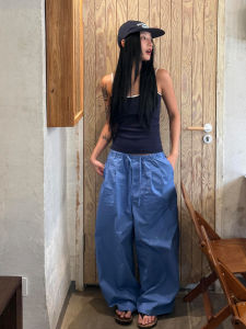 Quần Ống Rộng Màu Xanh Thường Ngày Cho Nữ Mùa Thu Mới Cạp Chun Quần Dài Thẳng Rộng Rãi Thoải Mái Phong Cách Mỹ