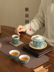 Handmade Ceramic Tea Set Jojos L PD Purple Spring Valley Blue And White Floral Design Three-Axis Cover Bowl Dining Utensils