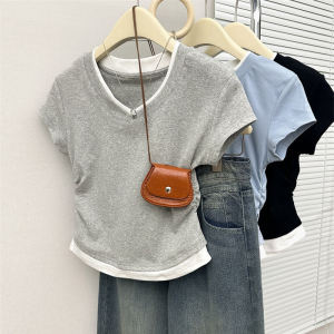 Slim Fit Short Sleeve T-Shirt Women's Summer New Style Waist Cinched Half Sleeve Top Color Block Asymmetrical Korean Style