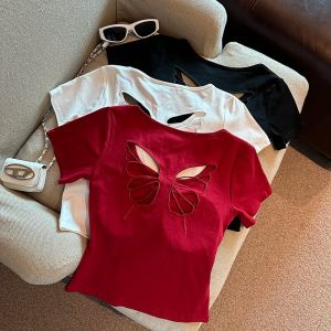 Sweet Spicy Girl Hollow out round Neck Short Sleeve T Shirt Women Summer New Design Waist Cinching Slimming Short Length Top