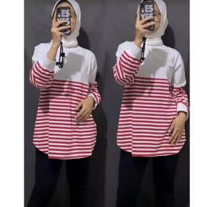 ALMAHYRA- Atasan Motif Salur Stripe Catton Combed24s Terviral 2025 Kaos Wanita Oversize Baju Panjang Top Garis Pendek Putih Polos