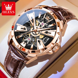 OLEVS 7051 Mechanical Fashion Men Watch Gift Round-dial Genuine Leather Watchband Wristwatch Luminous
