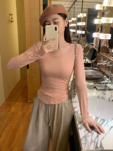 Low round Neck Waist-Cinching Inner Wear Base Shirt Womens Autumn New Slim Fit T-Shirt European Style Drawstring Short Top