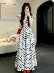 SUSIEYUAN | Flutter Sleeve Polka Dot Straps Slimming Long Dress