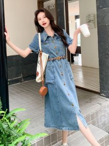 ย้อนยุค เดนิม คอโปโล เดรส ผู้หญิง ฤดูร้อน 2024 สไตล์ฮ่องกงใหม่ ลำลอง เอว Cinching พรางหุ่น Midi เดรสเชิ้ต