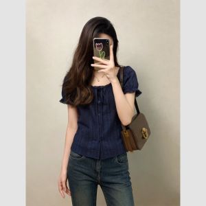 QFN | French Style Navy Blue Lace Collar Tie Sleeve Short Sleeve Womens Blouse