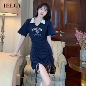 IELGY womens preppy polo collar letter print drawstring dress