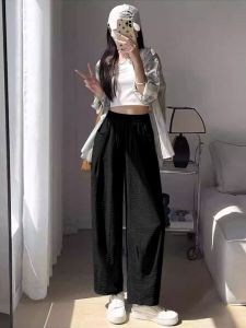 Quần Dài Ống Rộng Ice Silk Cho Nữ Mùa Hè 2024 Quần Dài Harem Cạp Cao Quần Đi Bộ Thoải Mái Quần Dài Nine Points