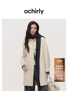 Ochirly Beautiful 100% Merino Wool Coat New Autumn Winter High Quality Korean Style Straight Cut Button Detail Long Sleeve Polo Collar