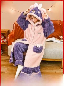 miiow | Catwoman Long Thickened Fleece Lined Coral Velvet Sleepwear Womens Cute Plush Home Clothes Set Warm Cozy Cartoon Print Pajamas