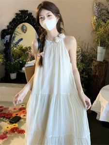 Gentle Breeze 3D Flower Necklace Strap Dress Elegant Sweet Mid-Length Skirt Spring Summer Autumn Season Womens Fashion