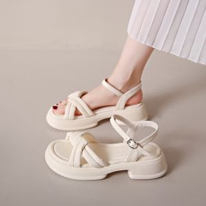 Womens Summer 2025 New Platform Thick Bottom Casual Sports Roman Beach Shoes Buckle Sandals Matching Skirts Low Cut Shoes