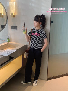 Girls Slim Fit Short Sleeve T-Shirt Letter Stripe Pattern Elastic Bottom Casual Summer Wear Childrens Fashion Basic Top