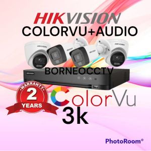 Paket cctv hikvision 5mp 4channel 4 camera 3k colorvu+audio mic warna siang malam
