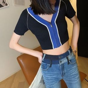 IELGY t-shirt womens short-sleeved V-neck summer crop top cropped sweater