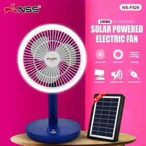 Nss original 8 inch solar electric fan portable rechargeable stand fan 3-speed wind speed vertical fan with solar panel and light mini desk fan promo sale