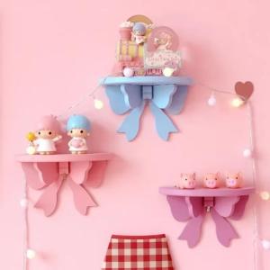 1 Pcs Wooden Decorative Shelves Girls Room Organizer Holder Pink Wall Shelf Decor Frame Bows Decoration Wooden Storage Rack