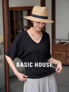 Basic House | Black Satin Ice Silk V-Neck Batwing Sleeve T-Shirt