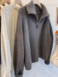 Gray Half Zipper Turtleneck Sweater Bottoming Shirt Womens Inner Wear Autumn and Winter Thickened Outer Wear Knitting Cardigan Outerwear Top