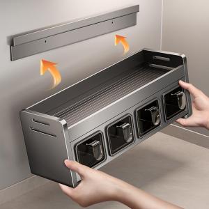 High Quality Kitchen Wall Mounted Spice Rack Storage Shelf Organizer ABS Stainless Steel No Drilling Required Home Use