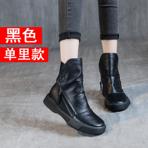 British Style Womens Martin Boots Genuine Leather Flat Bottom Anti-slip Warm Lined Versatile Mid-calf Boots for All Seasons