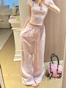 American Style Loose Casual Wide Leg Pants Womens Summer Gentle Feel Pink Linen Trousers High Waist Rope Buckle Straight Leg