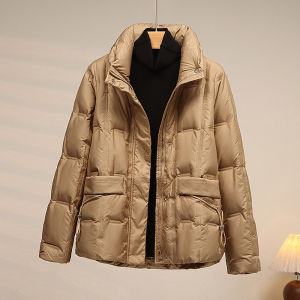 Fall Winter Short Lightweight Double-Sided Stand Collar Duck down Jacket 90% White Duck Feather Glued Seams Womens Fashion
