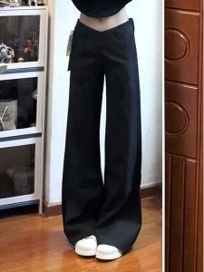 Low Waist Wide Leg Pants Womens Casual Style V-Neck Design Super Long Spring Autumn Fashion Street Style Black High Rise Trousers